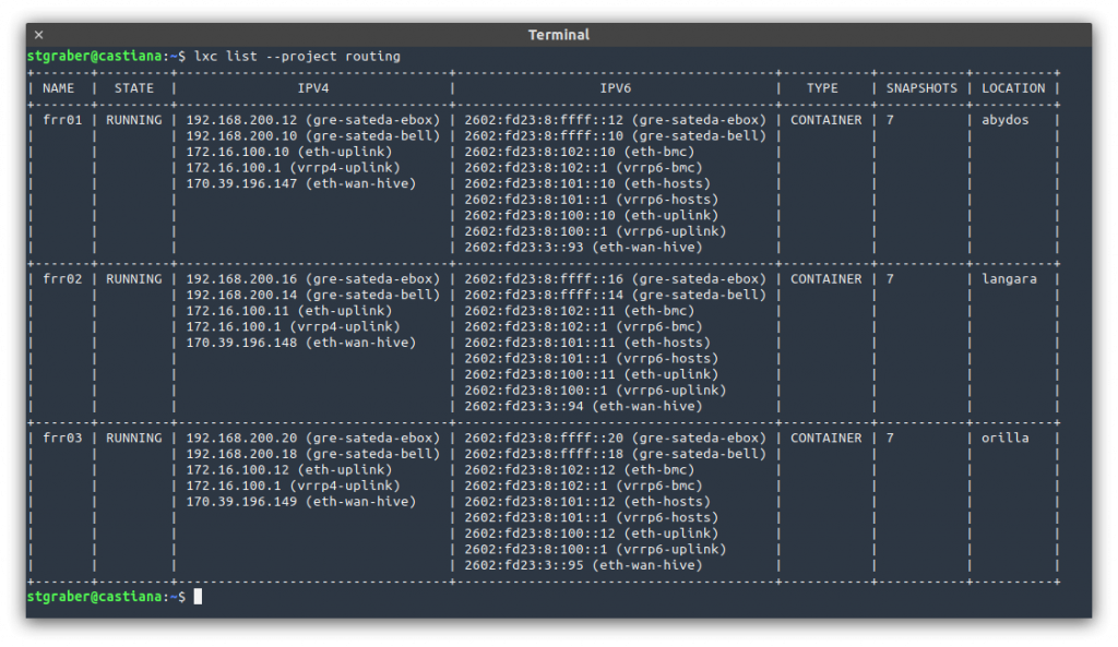 LXD output showing the 3 FRR routers